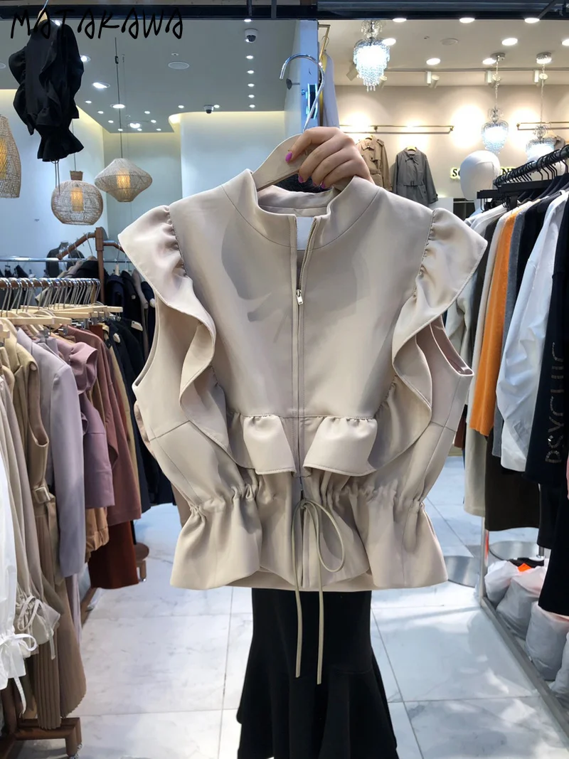 

MATAKAWA приталенный гофрированный на шнурке жилет на молнии Корея 2021 весенний женский жилет Модный повседневный жилет женский топ