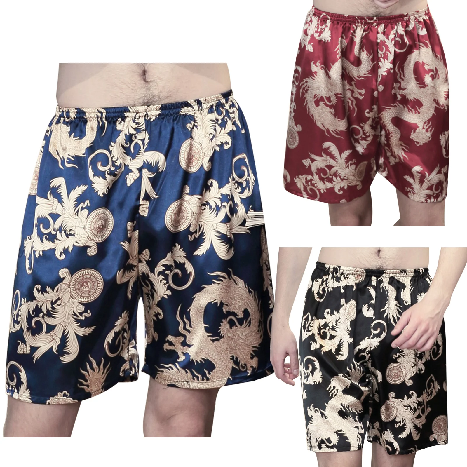 

2021 Men Summer Boxer Shorts Satin Dragon Pattern Print Pajamas Shorts Sleepwear Bottom Shorts Beachwear Swimming Outfit Bottom