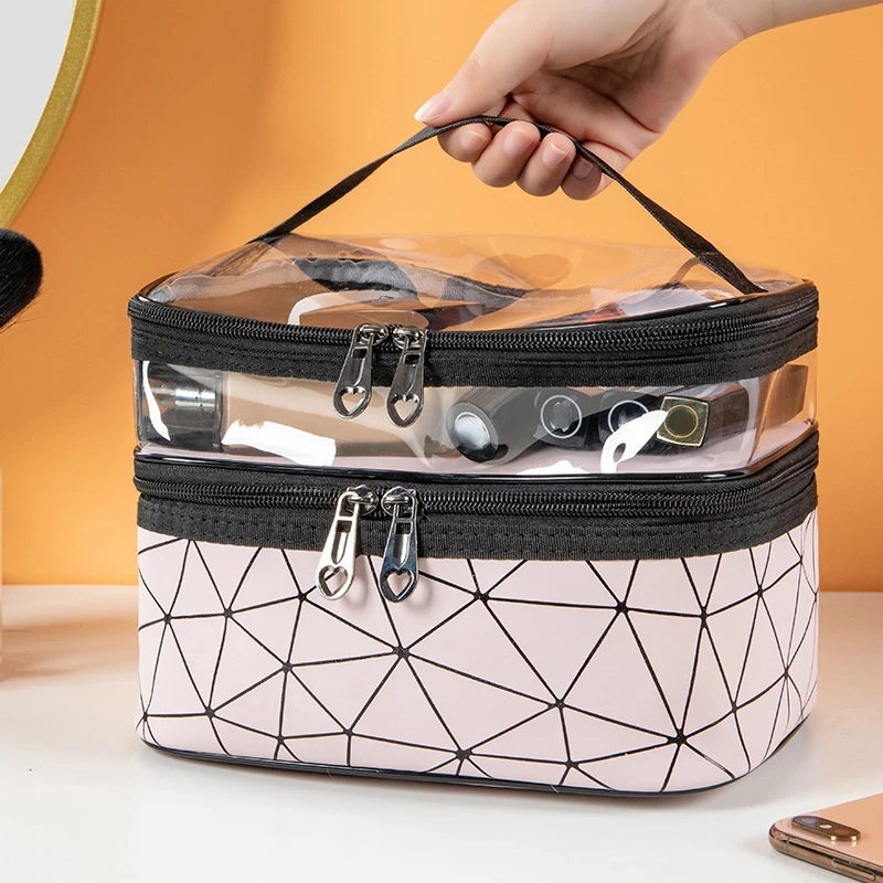 

Geometry Pattern Transparent Double Layer Makeup Bag Large Capacity Woman Travel Toiletries Bag Cases Organizer Cosmetics Boxes