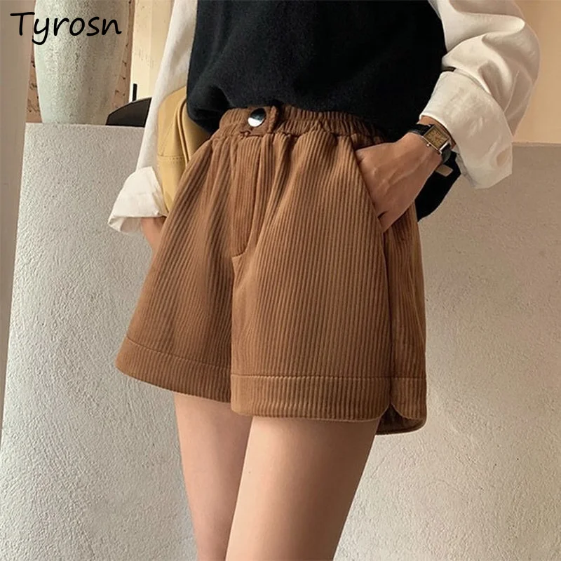 

Corduroy Shorts Women Retro All-match High Street Warm Thicker Casual Short Mujer Elegant Autumn Winter Button Wide Leg Trousers