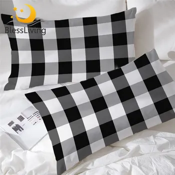 BlessLiving Tartan Pillowcase Scottish Pattern Pillow Case Chequered Bedding Black White Decorative Pillowcase Cover 2pcs 50x75 1