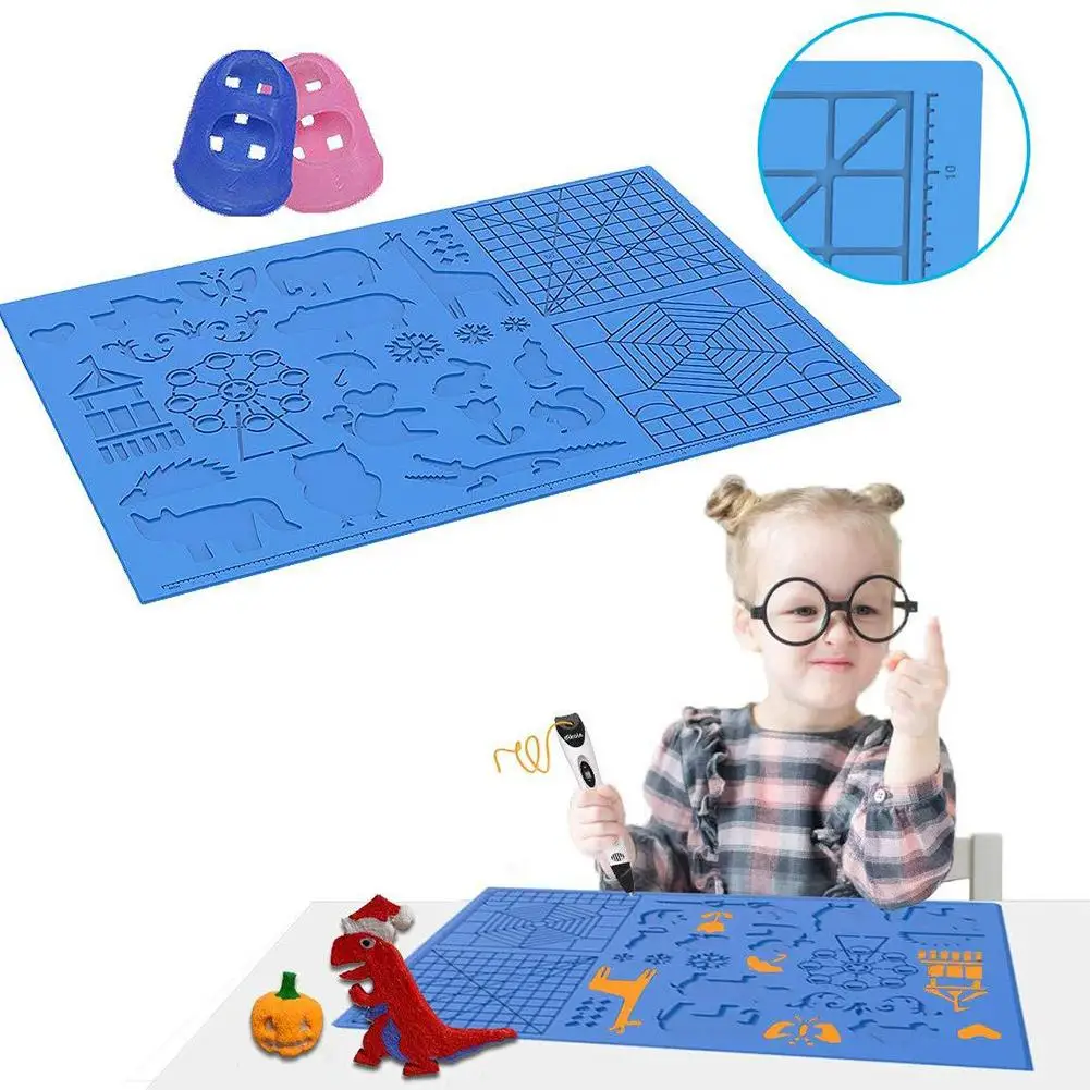 

3D Children Printing Pen Drawing Board Basic Graphics Heat-resistant Silicone Copy Board with 2 Finger Caps for Kids