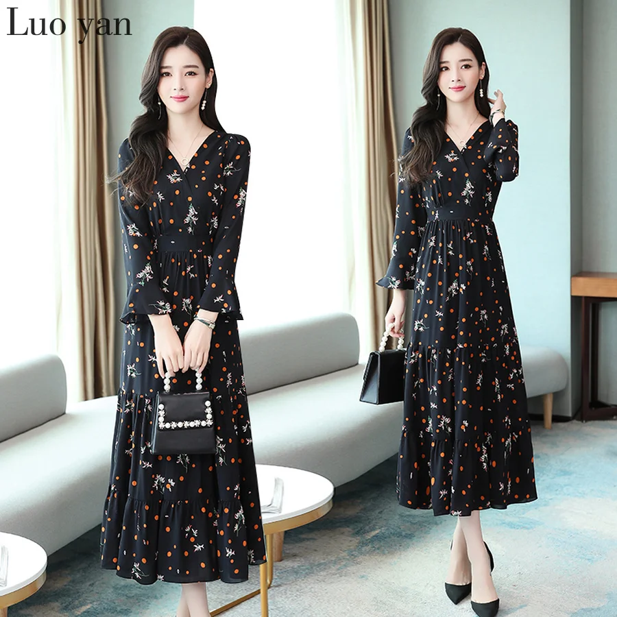 2020 винтажные Цветочные шифоновые миди платья весна осень нового размера плюс