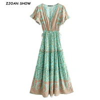 2020 boho covered button v neck floral print bohemia dress summer ethnic woman short sleeve tie bow strappy maxi long dresses
