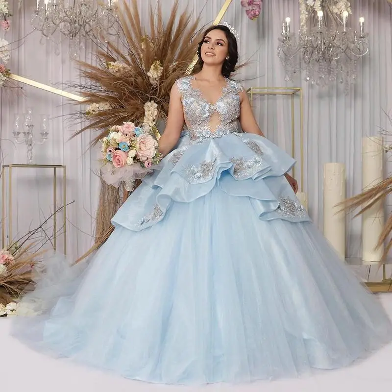 Блестящее небесно Голубое Бальное Платье платья для Quinceanera Прозрачная Юбка с