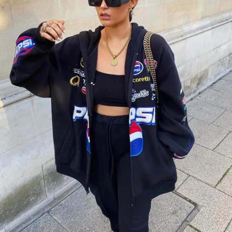 

2021 Autumn Winter Female Coat Bomber Jackets Overcoat Windbreaker Long Women Printed Jacket Sleeve Zipper Hooded Top Plus Size