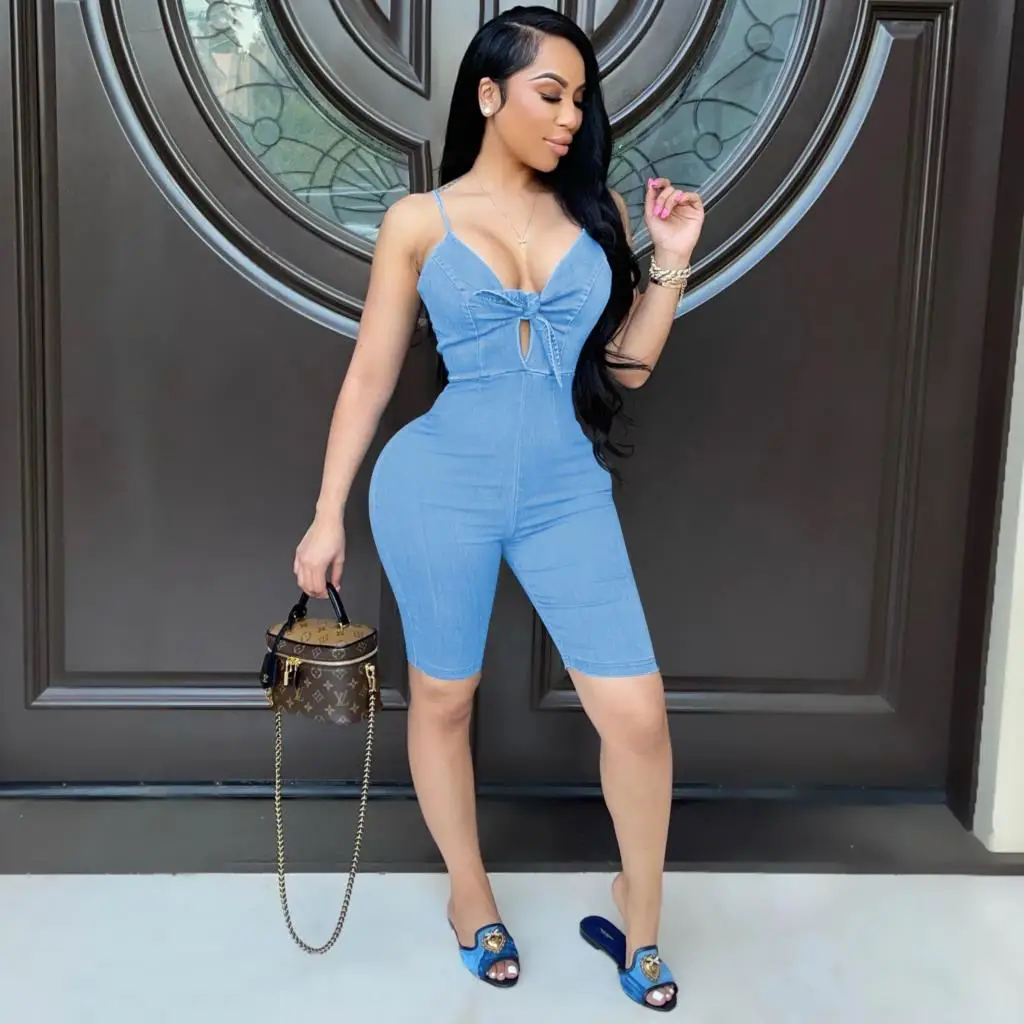 Комбинезон женский джинсовый без рукавов пикантный однотонный Ажурный