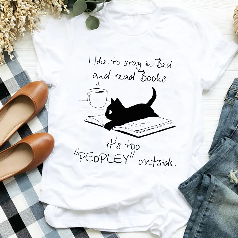 

Women Lady Cartoon Cat Coffee Life Pet Cute Trend Fashion Print Tshirt Shirt Clothes Top Graphic Female T Tee Womens T-shirt
