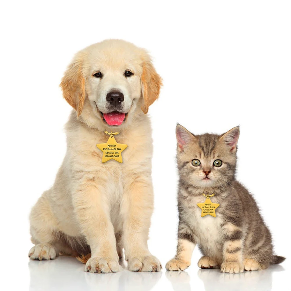 

Personality Engraved Pet ID Address Name Number Tag Stainless Steel Star Charm Cat Puppy Collar Supplies Accessories For Pet