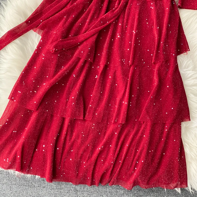 

2020 spring autumn New Women's V-neck long sleeve bright silk tiered dress female elegant ruffles lace-up fairy dresses