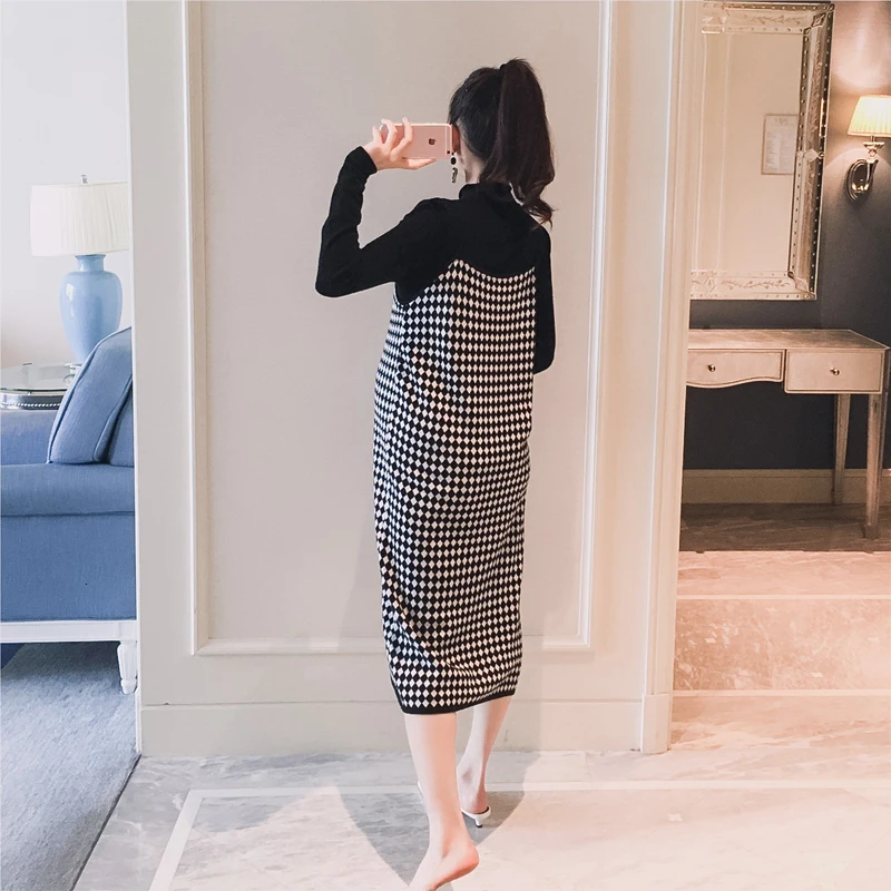 2 шт./компл. черный вязаный беременности и родам рубашки на подкладке + платье