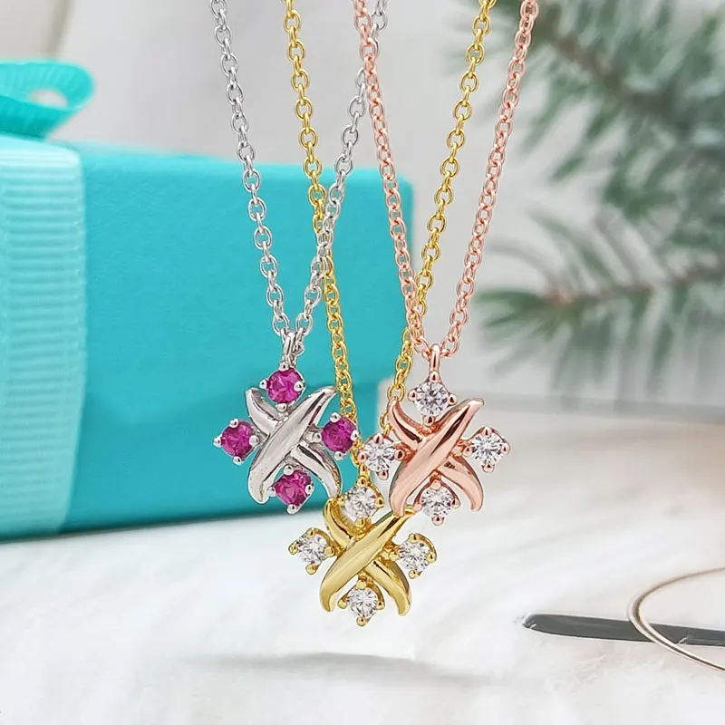 

Hot Sale 1:1 Real925 TIF LOGO Four Stones Windmill Intersection Necklace Ladies High Luxury Jewelry Fashion Popular Brand Gift