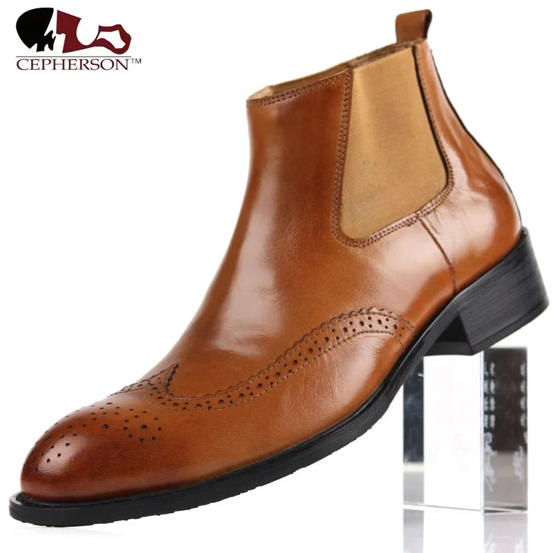 

Mens Red Brown Real Leather Chelsea Boots Retro Wingtip Brogues Ankle Boots Rubber Dress Shoes Italian Male Cowboy Boots