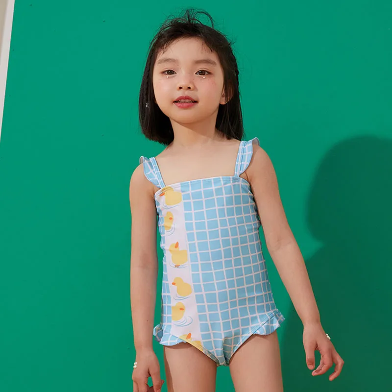 

Girls Blue Kids Swimwear 1 Pcs Set Plaid Duck Print Kids Swimwear Macrame Cute Badpak Meisjes Children Swimsuits EI50CS