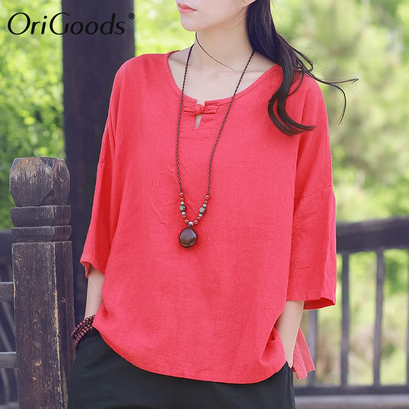 Женская льняная блузка оригинального размера плюс однотонная винтажная