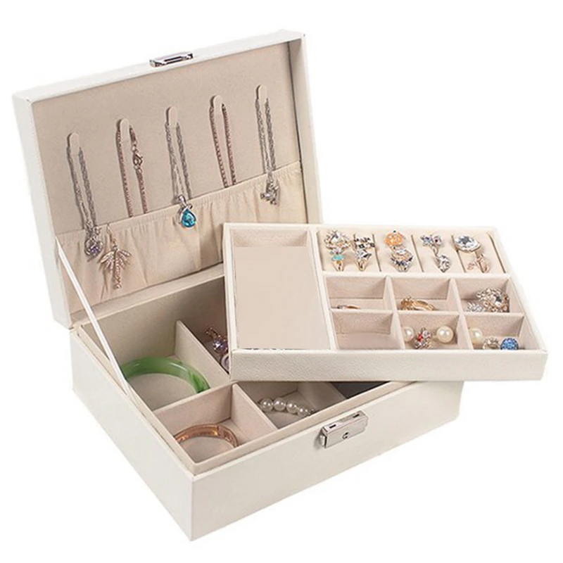 

2x Jewelry Box Jewelry Large Capacity Storage Box Earrings Necklace Box Leather Ring Box Jewelry Bag White/Black