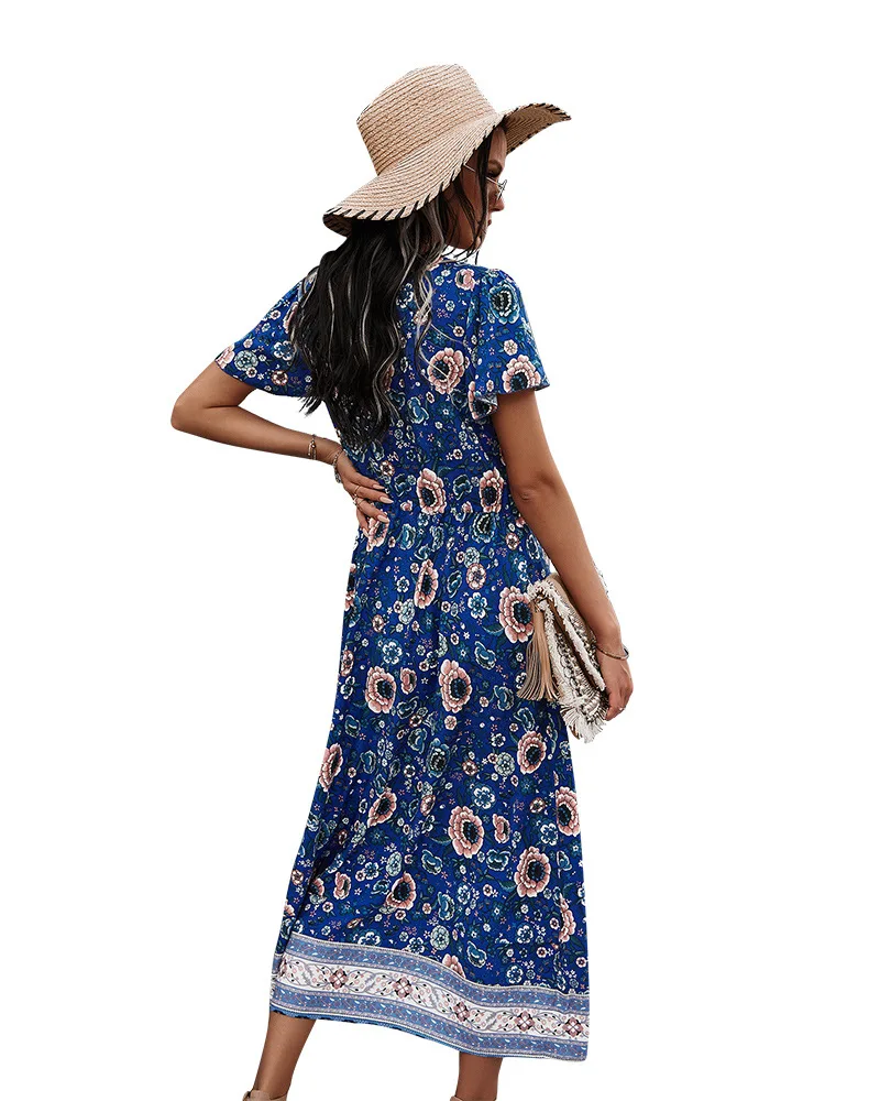 

Flower print dress 2021 spring summer fashion Korean Casual Short sleeve Long V-neck pullover sexy Beach dress women dresses