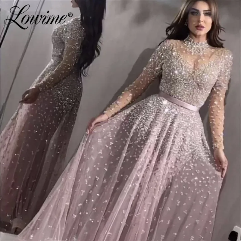 

Long Sleeves Illusion High Neck Handmade Beaded Sequins Arabic Abendkleider Evening Dress 2020 Robe De Soiree Longue Party Gowns