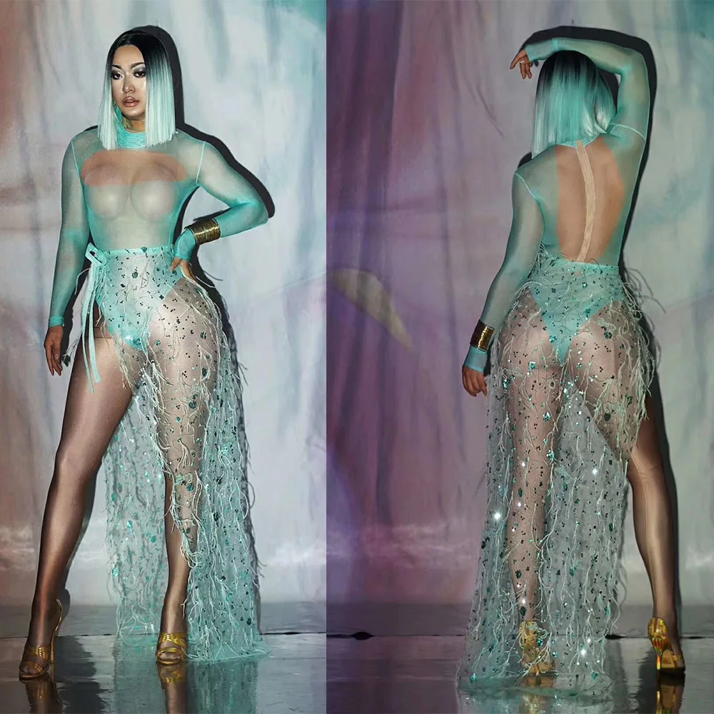 

New Long Sleeves Bodysuit Green Sequins Mesh Feather Long Tail Outfit Women Dancer Bar Prom Bodysuit Outfit Set