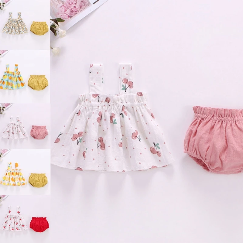 

Toddler Infant Baby Girl Summer Outfits Floral Fruit Print Sleeveless Tank Top Dress and Shorts Bloomers Clothes Set