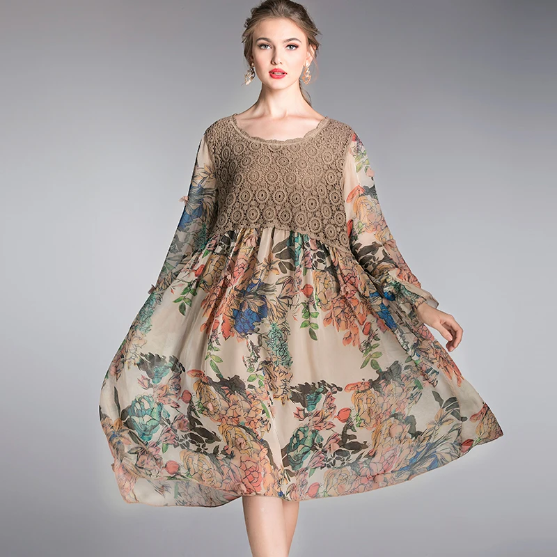 

Chiffion Dress Lady Plus Size Summer Spring 2020 Women Floral Print Casual Elegant Patchwork Basic Dresses Chiffon Female
