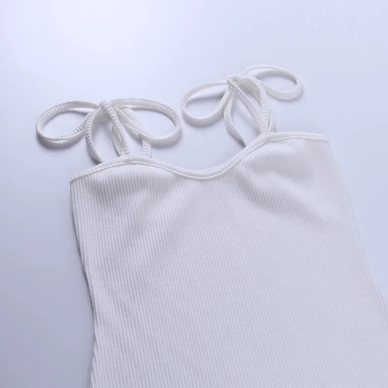 

Elegant White Cotton Ribbed Dress Women Sexy Chic Drawstring Spaghetti Strap Mini Bodycon Dresses Summer Club Wear Party Dress