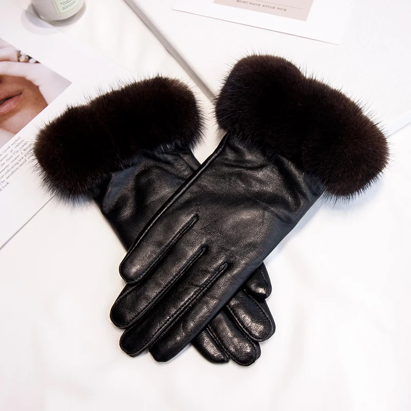 

2020 new Women 's winter warm gloves hand fashion mink fur leather sheepskin gloves free shipping