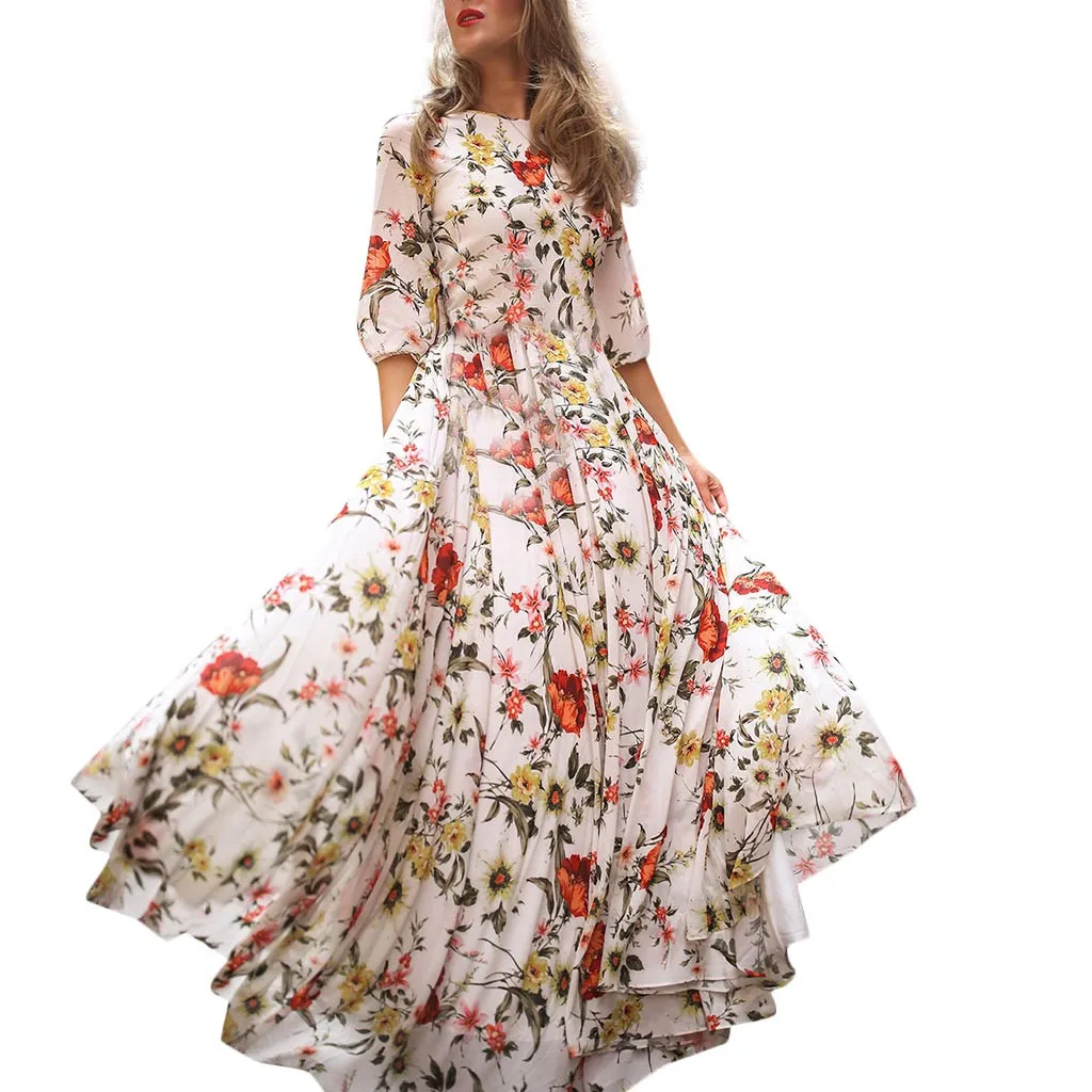 Платье женское повседневное длинное с коротким рукавом и цветочным принтом |