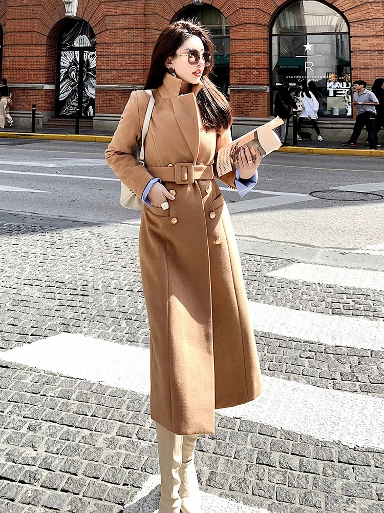 

Женское пальто из верблюжьего меха, длинное и средней длины, Осень-зима 2021, тонкое утепленное черное шерстяное пальто выше колена