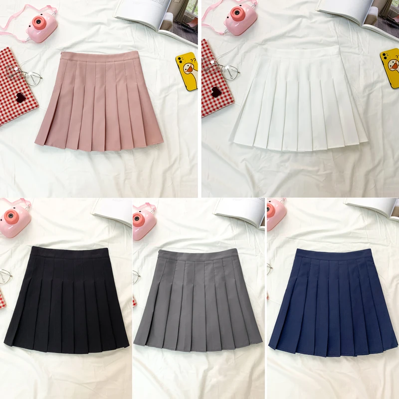 

New Summer Plaid/Pure Color Jk High Waist A-Line Pleated Skirt College Style Jupe Y2k Faldas Zaraing Woman 2021 Traf