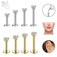 zs 1 piece silver gold color stainless steel lip labret piercing round cz crystal ear helix tragus piercings jewelry 681012mm
