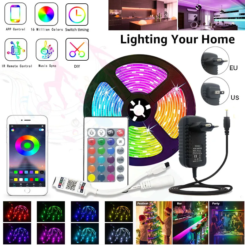 Светодиодные ленты освещения Bluetooth Luces Smart LED RGB 5050 SMD гибкая водонепроницаемая лента Диодная 5 м 10 м 15 м DC 12 В пульт дистанционного управления + адаптер