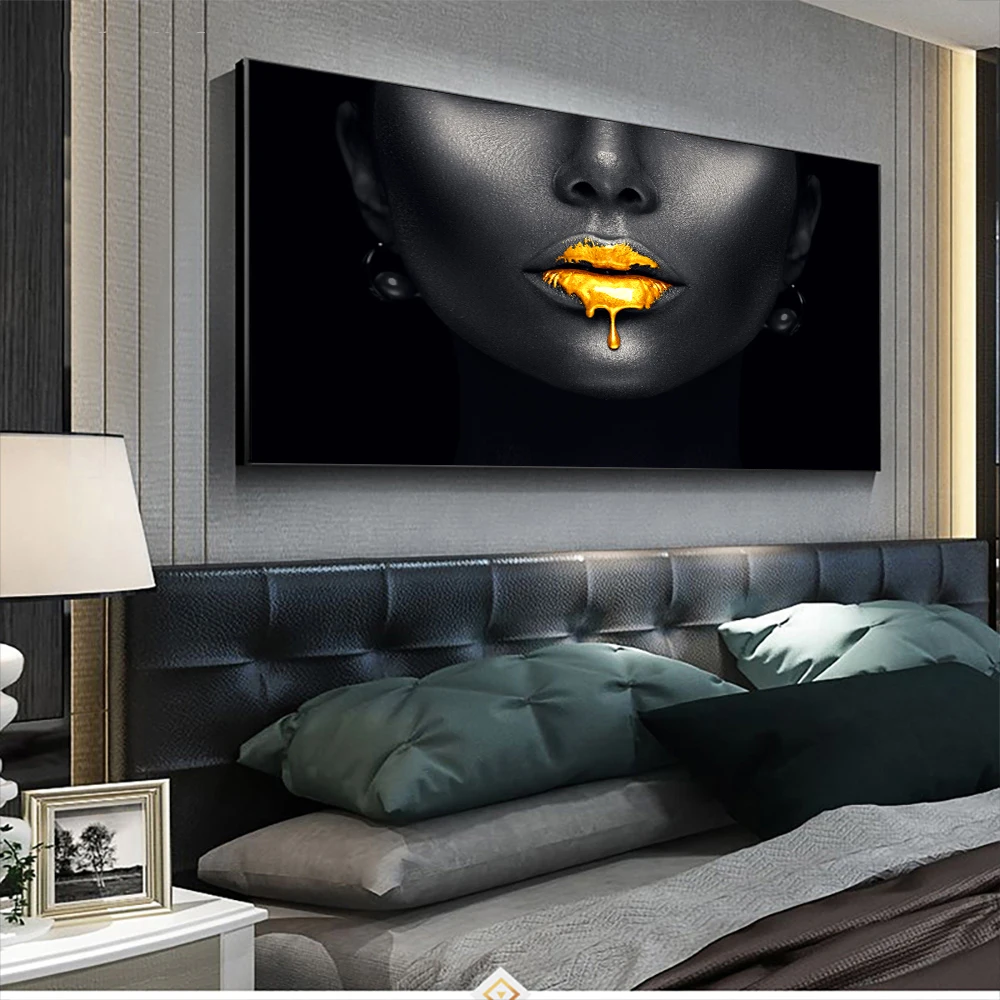 

Black African Woman Portrait Poster Canvas Painting Golden Lips Posters and Prints Wall Art Picture Cuadros for Living Room