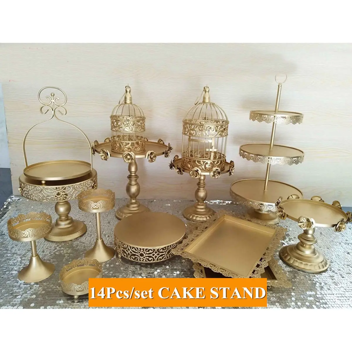 

14pcs Gold Rose Birdcage Fondant Cake Holder Cupcake Stand Set Wedding Party Dessert Display Tools For Party Bakeware Accessory