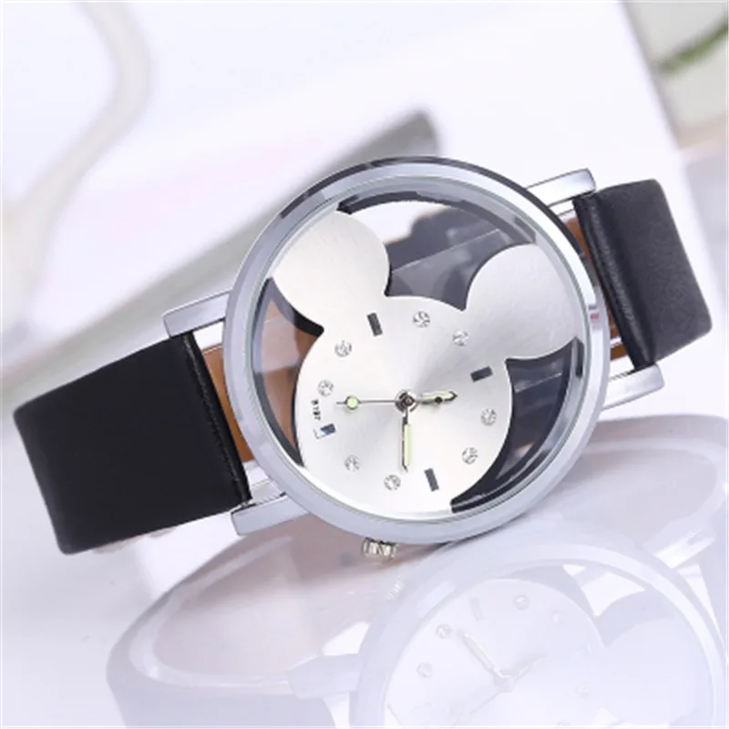 black white Новые Мультяшные часы Микки Маус Роскошные модные женские часы кожаные женские часы reloj mujer bayan kol saati relogio - Цвет: black white