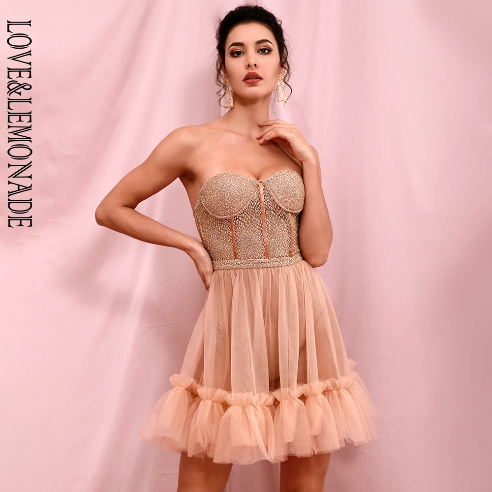 Женское мини-платье LOVE &amp LEMONADE золотистое прозрачное Сетчатое Пышное вечерние