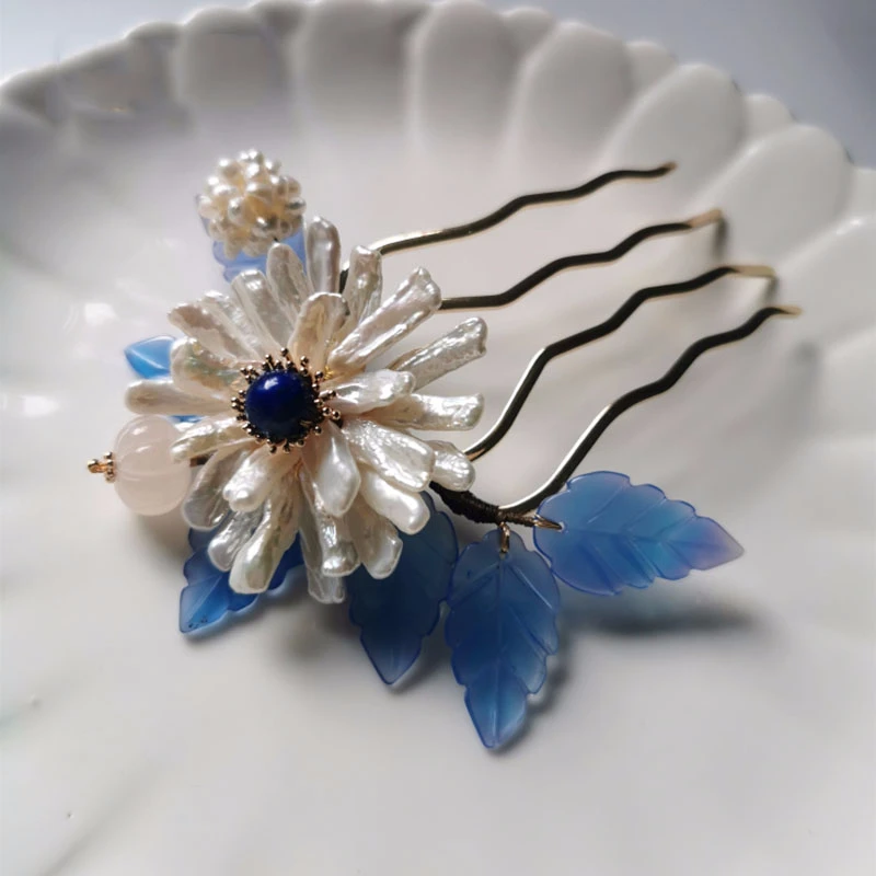 Natural Shaped Pearl Hair Comb Blue Leaves Hair Accessories For Women Autumn Chrysanthemum Hair Pins Original Design Jewelry