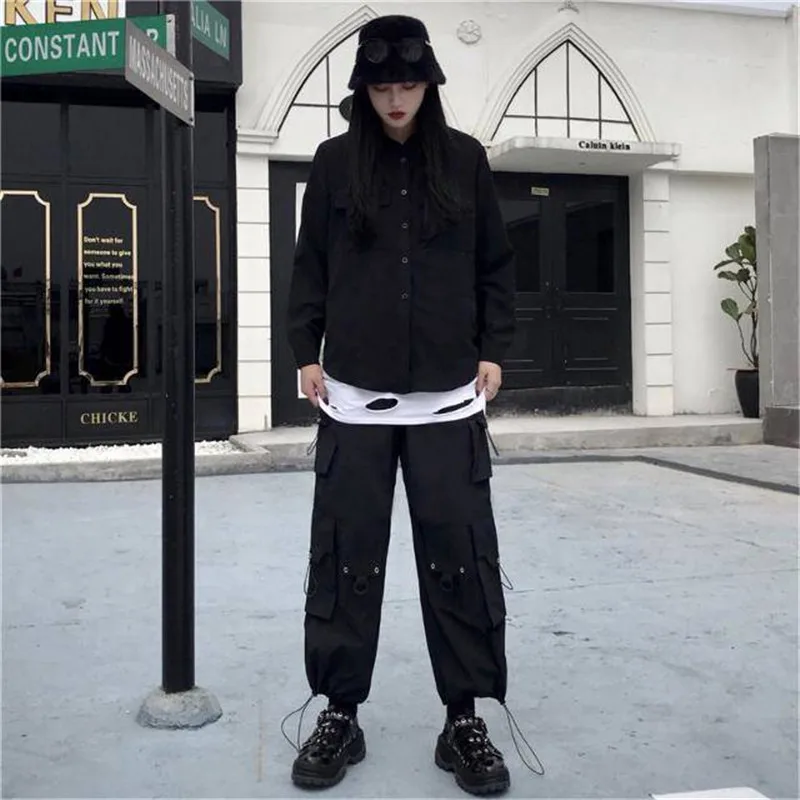 

Black Cargo Pants Women Fashion Pockets Solid Trousers Japan Hip Hop Pants Streetwear 2019 Fashion Autumn Outwear Pants Female