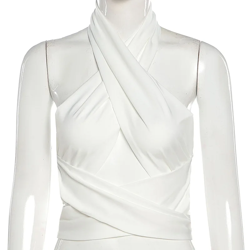 

2021 New Fashion Solid Halter Crop Tops Women Bandage Hole Sexy Backless Tanks Vest Skinny Party Clubwear Female Hot Outwear