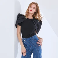 slim ruched casual t shirts black chic t shirt for women o neck puff short sleeve female fashion new style summer