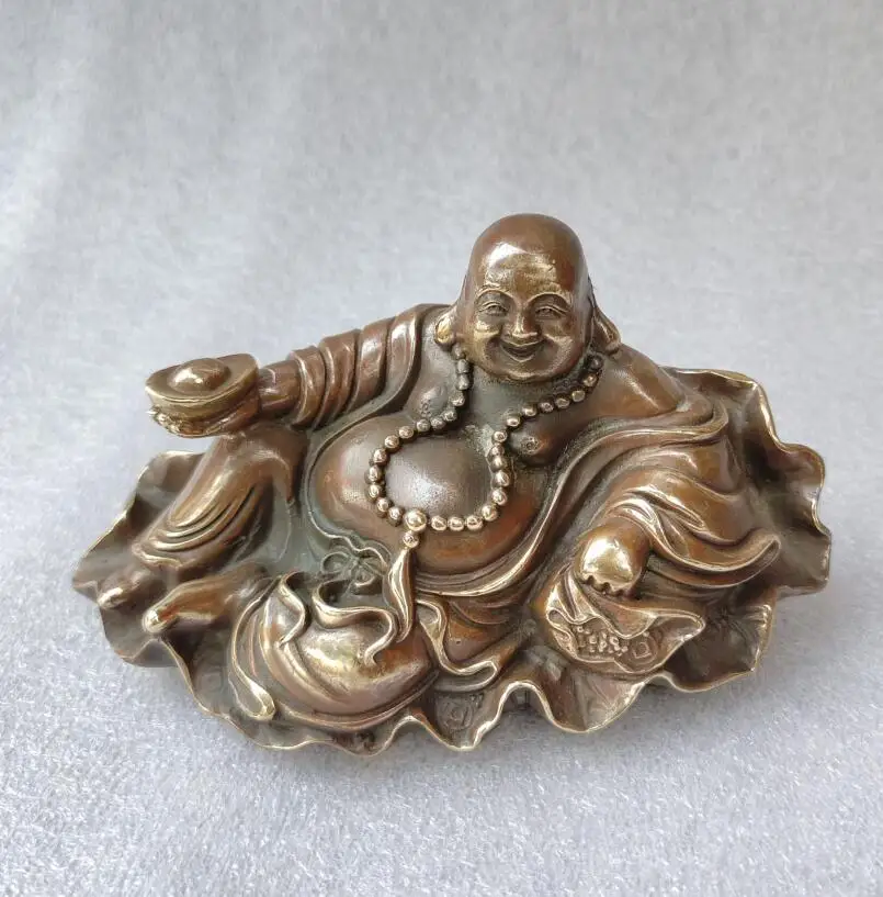 Archaize brass sit Lotus leaf recruit wealth maitreya buddha crafts statue