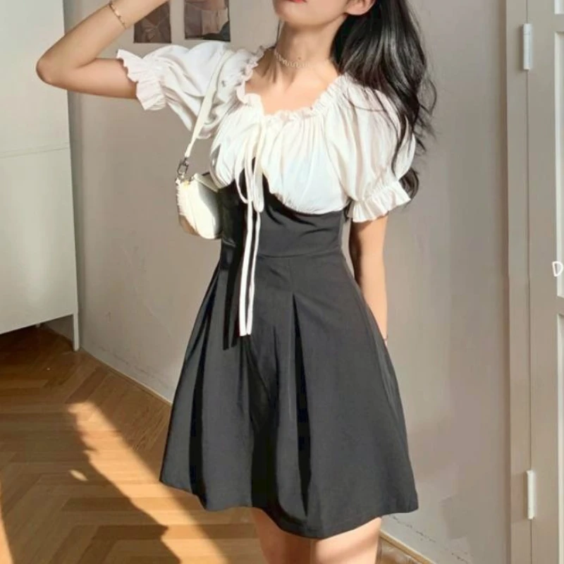 

Mini Patchwork Kawaii Dress Women Puff Sleeve Korean Slim Sweet Vintage Dress Femme One-piece Casual Party Dress 2021 Summer Y2k