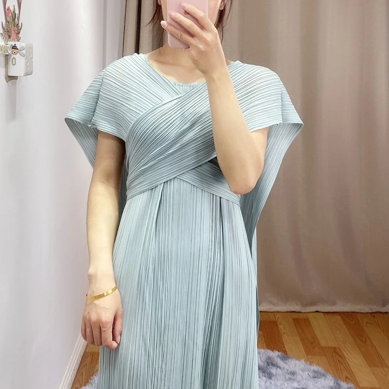 

LANMREM 2022 Summer Pleated Dress Vintage Tassel Flroal Hem Dresses Women Temperament Loose All-match Long Dress AR092