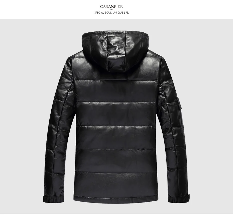 CARANFIER Mens Winter Warm Black Genuine Leather Real Lambskin Duck Down Hooded Jackets Coats Jaqueta De Couro Deri Ceket