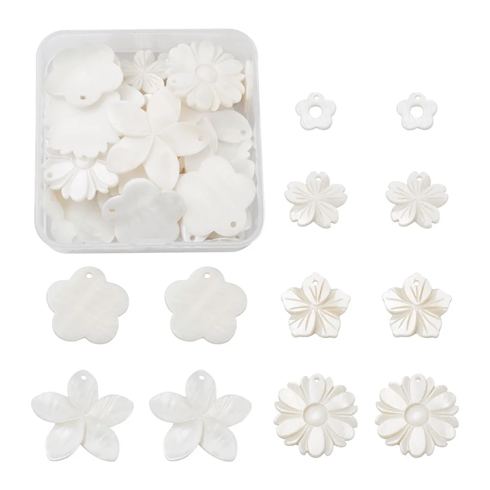 48pcs/Box Natural Freshwater Shell Pendants Mixed Flower White Charm for Jewelry Making DIY Necklace Earring Necklace Decoration