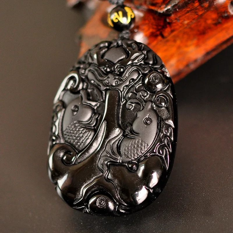 Натуральный черный обсидиан бусы ожерелье ручной работы Карп нефрит кулон Мода