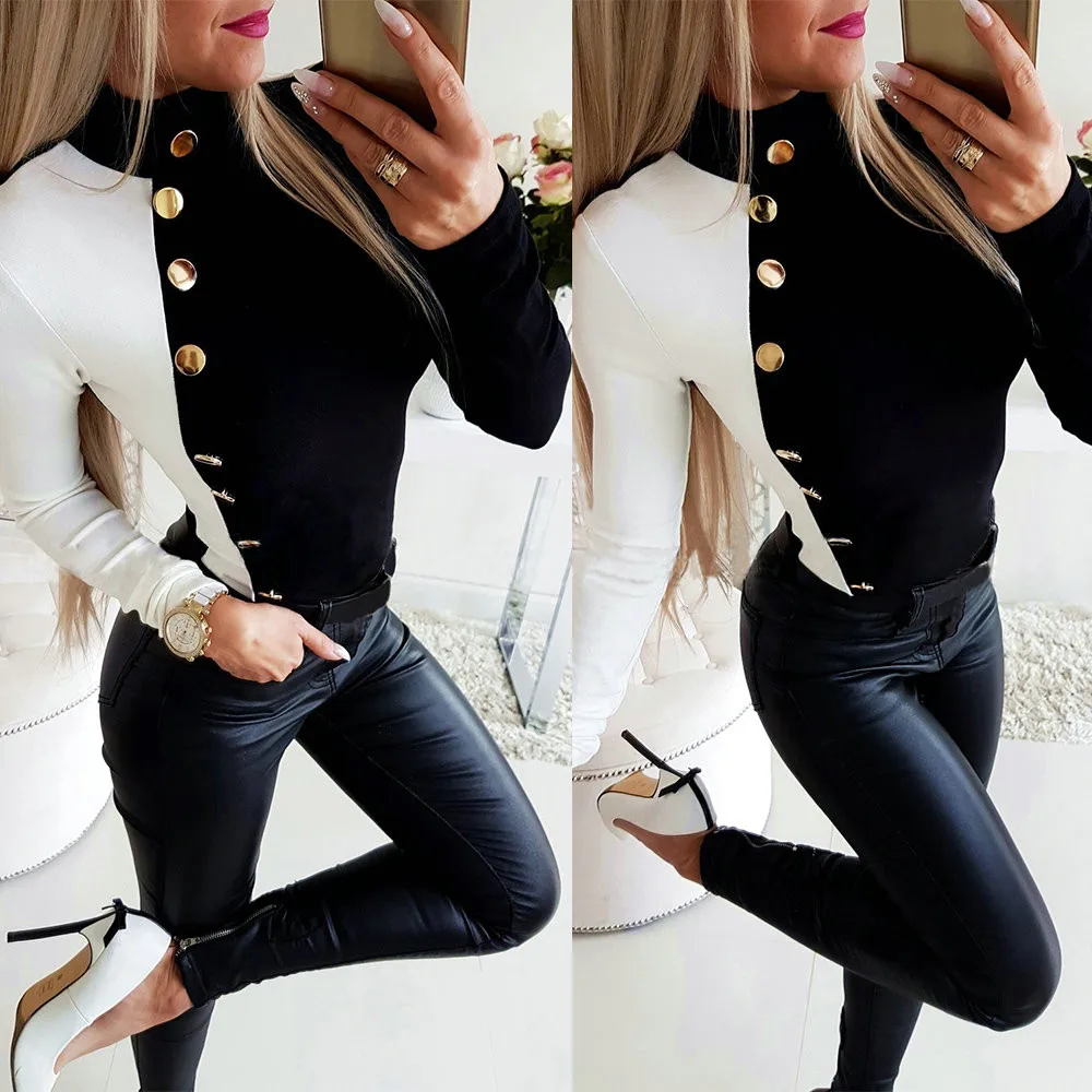 Футболка женская цветная с длинным рукавом и высоким воротником топ на пуговицах