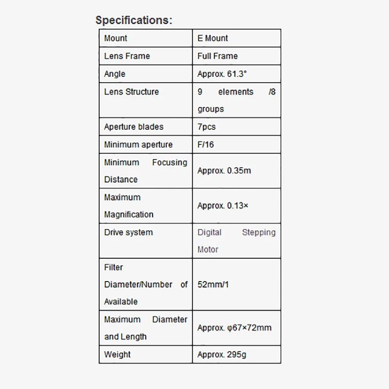 

Yongnuo YN 35 , YN 35 , F2S, DF, DSM, AF, MF, , , Sony E mount A7II, A6600, A6500, A9, A7RII