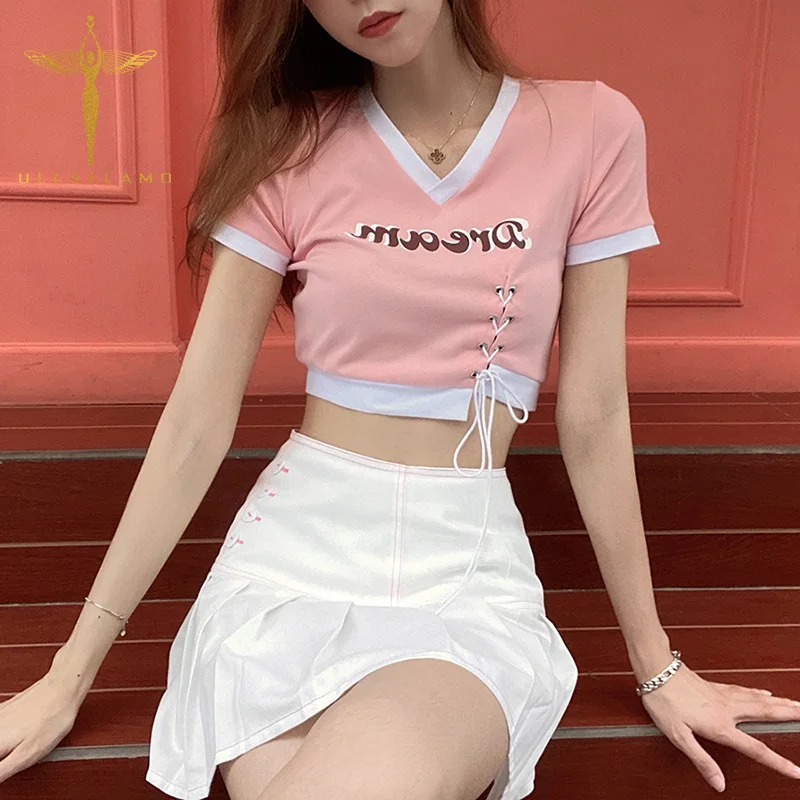 

Pink Patchwork Crop Top Womens Clothes Summer Sexy V-Neck Letter Print T-Shirts Casual Sweet Bandage Cross Tees Harajuku T-Tops