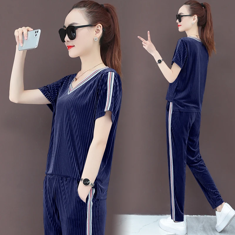 Бархатный спортивный костюм для женщин летняя мода большие размеры рубашки с